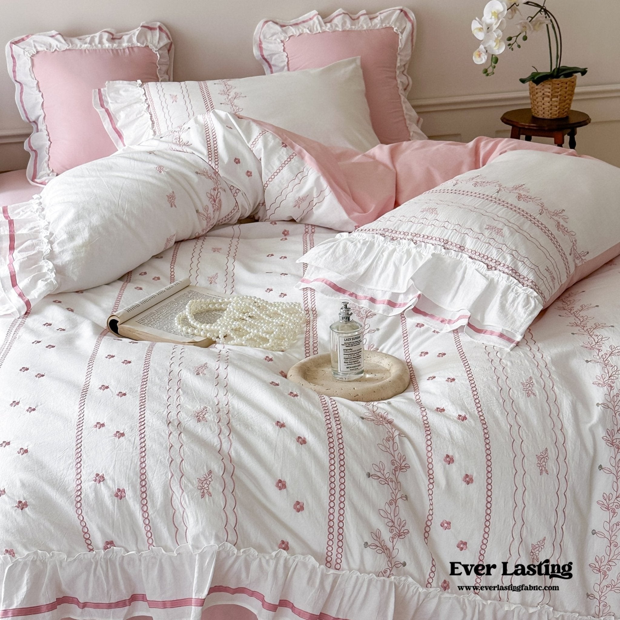 Embroidered French Lace Ruffle Duvet Cover / Blue - Ever Lasting