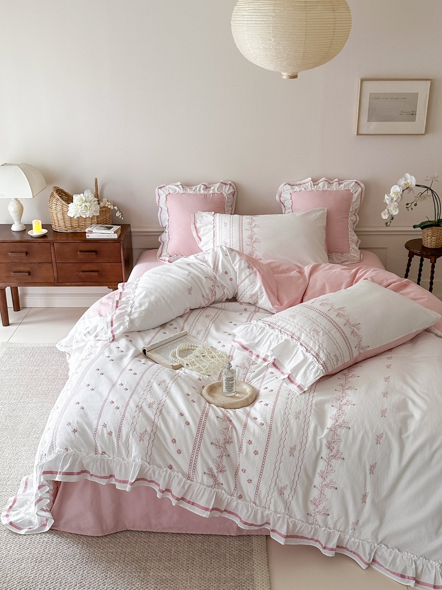 Embroidered French Lace Ruffle Duvet Cover / Pink - Ever Lasting