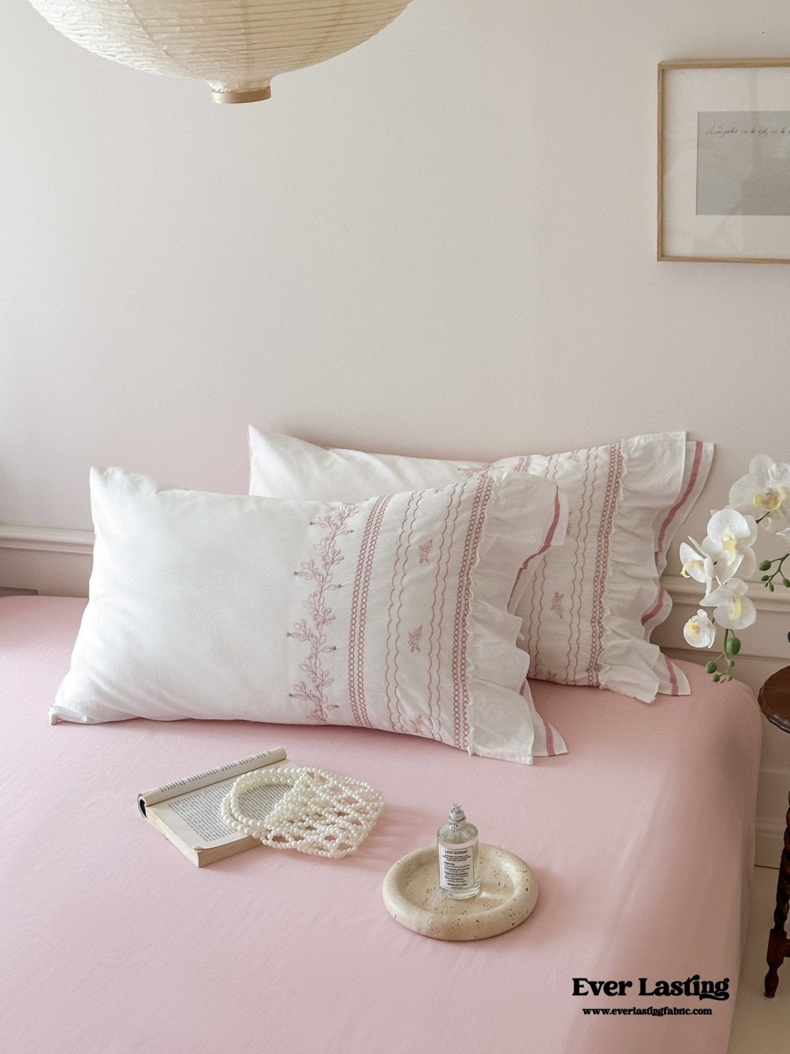 Embroidered French Lace Ruffle Pillowcases / Blue - Ever Lasting