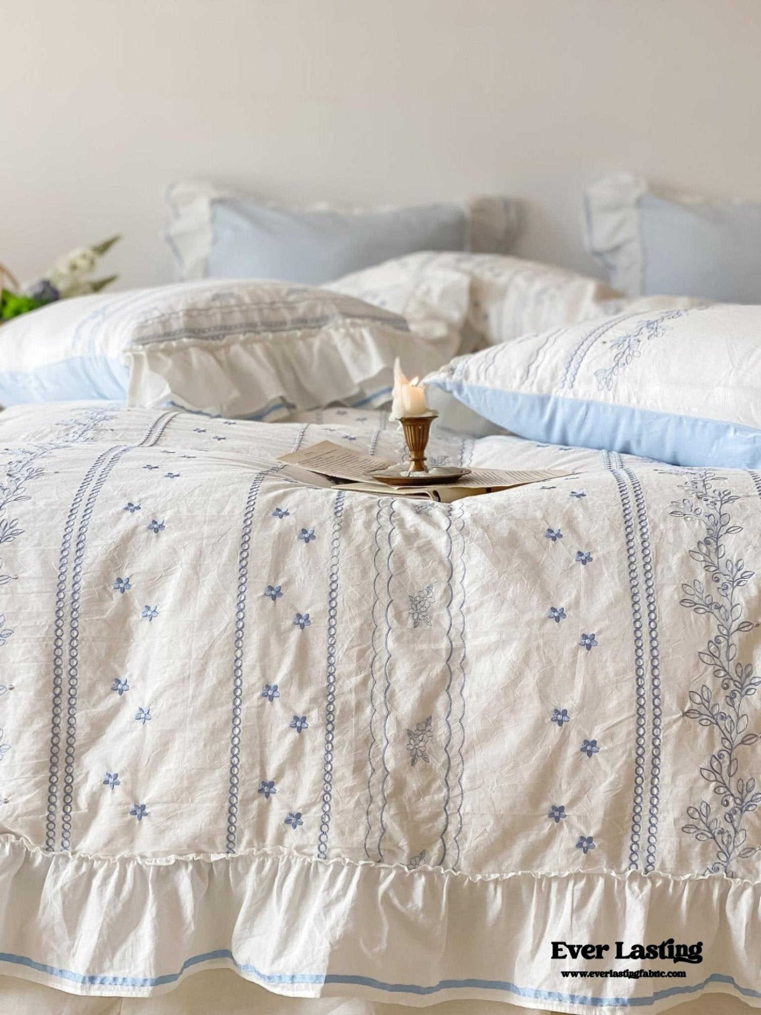 Embroidered French Lace Ruffle Pillowcases / Blue - Ever Lasting