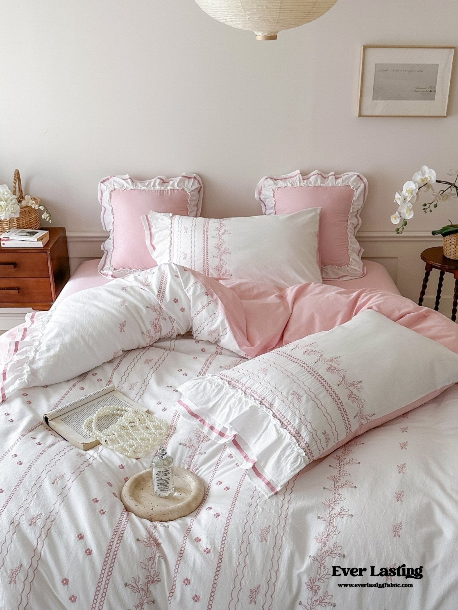 Embroidered French Lace Ruffle Pillowcases / Blue - Ever Lasting