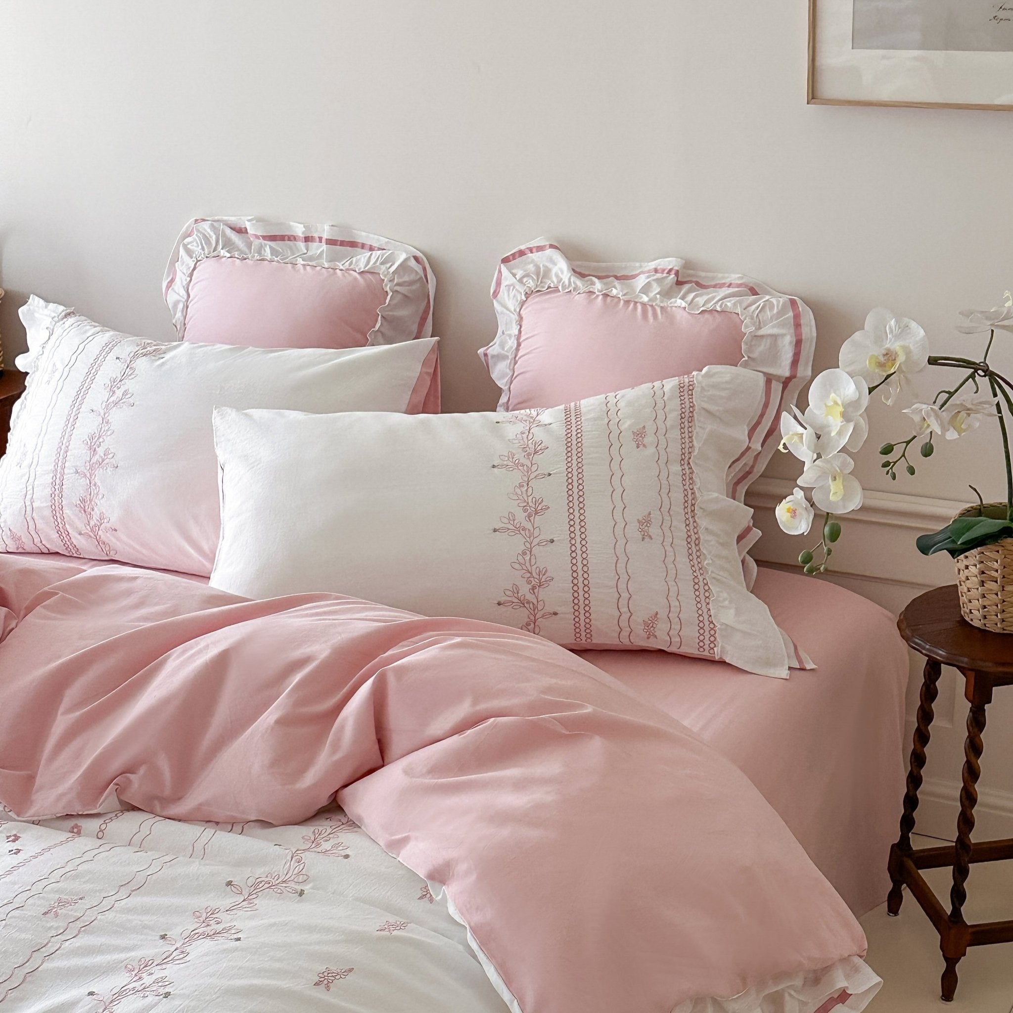 Embroidered French Lace Ruffle Pillowcases / Pink - Ever Lasting
