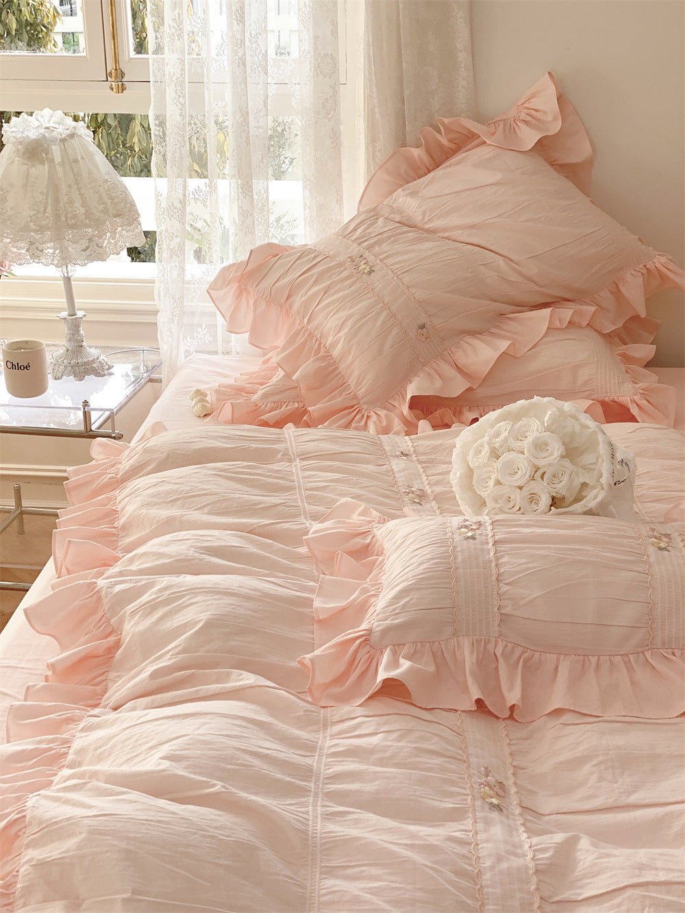 - Ever Lasting - Embroidered Lace Ruffle Bedding Set / White - Bedding Set - Ever Lasting