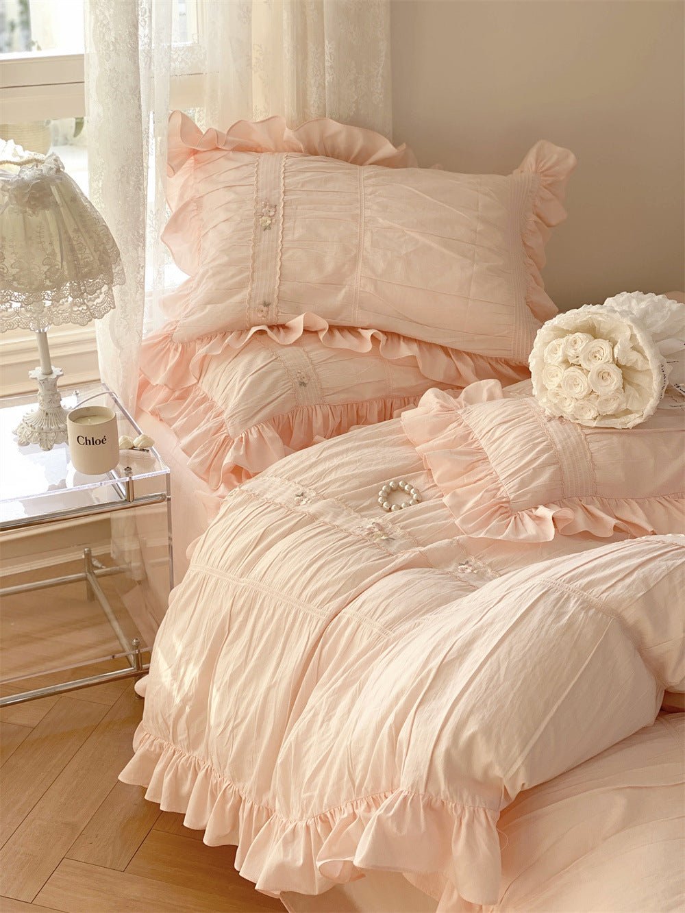 - Ever Lasting - Embroidered Lace Ruffle Bedding Set / White - Bedding Set - Ever Lasting