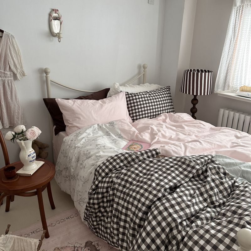 Emi Patchwork Gingham Bedding Set / Soft Mocha Pink - Ever Lasting