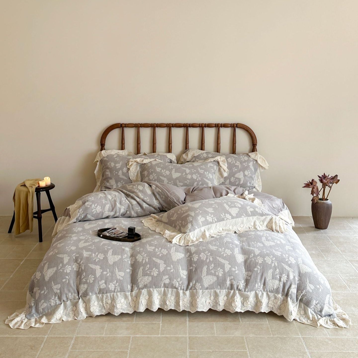 Emmeline Lace Ruffle Floral Bedding Set / Gray - Ever Lasting