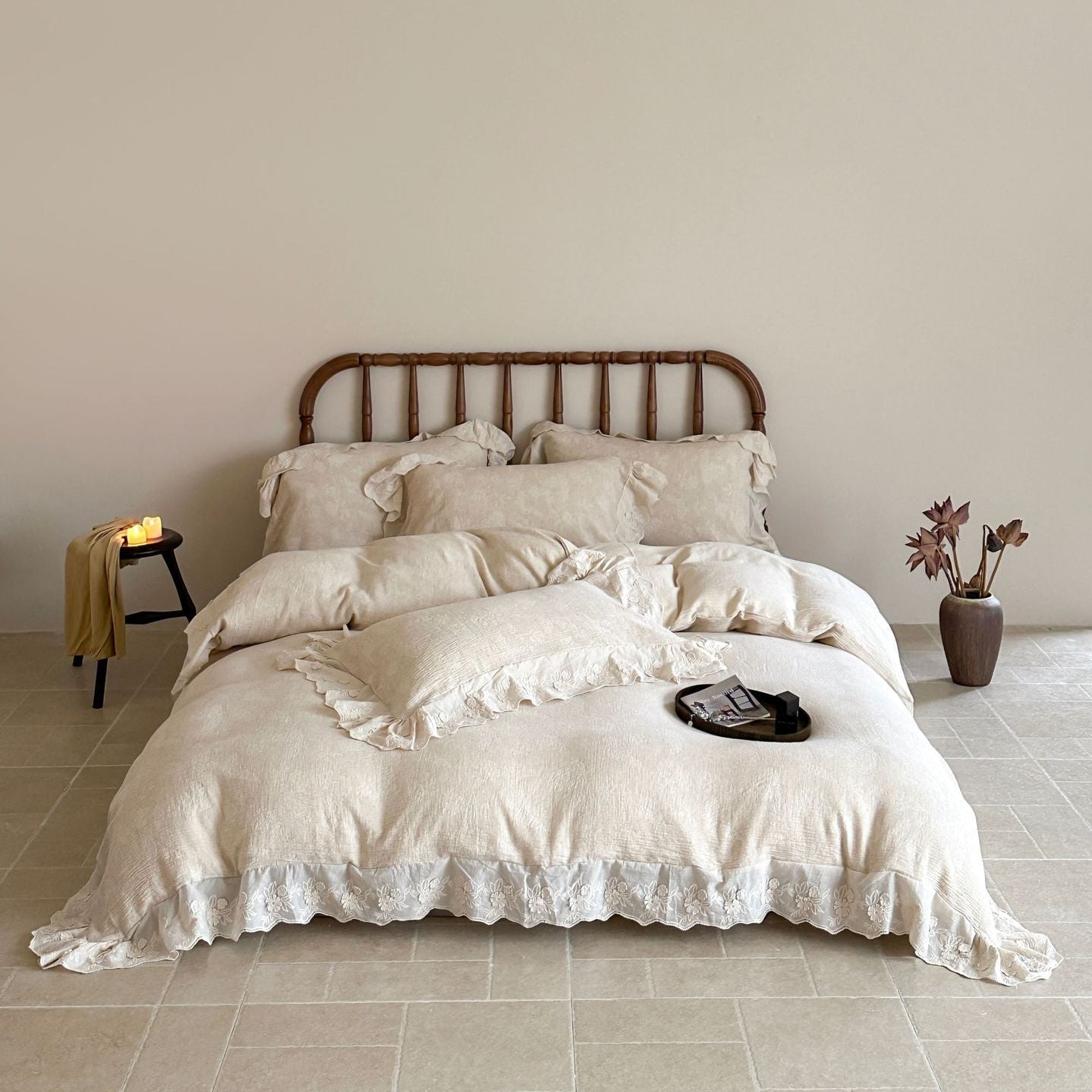 Emmeline Lace Ruffle Floral Bedding Set / Gray - Ever Lasting