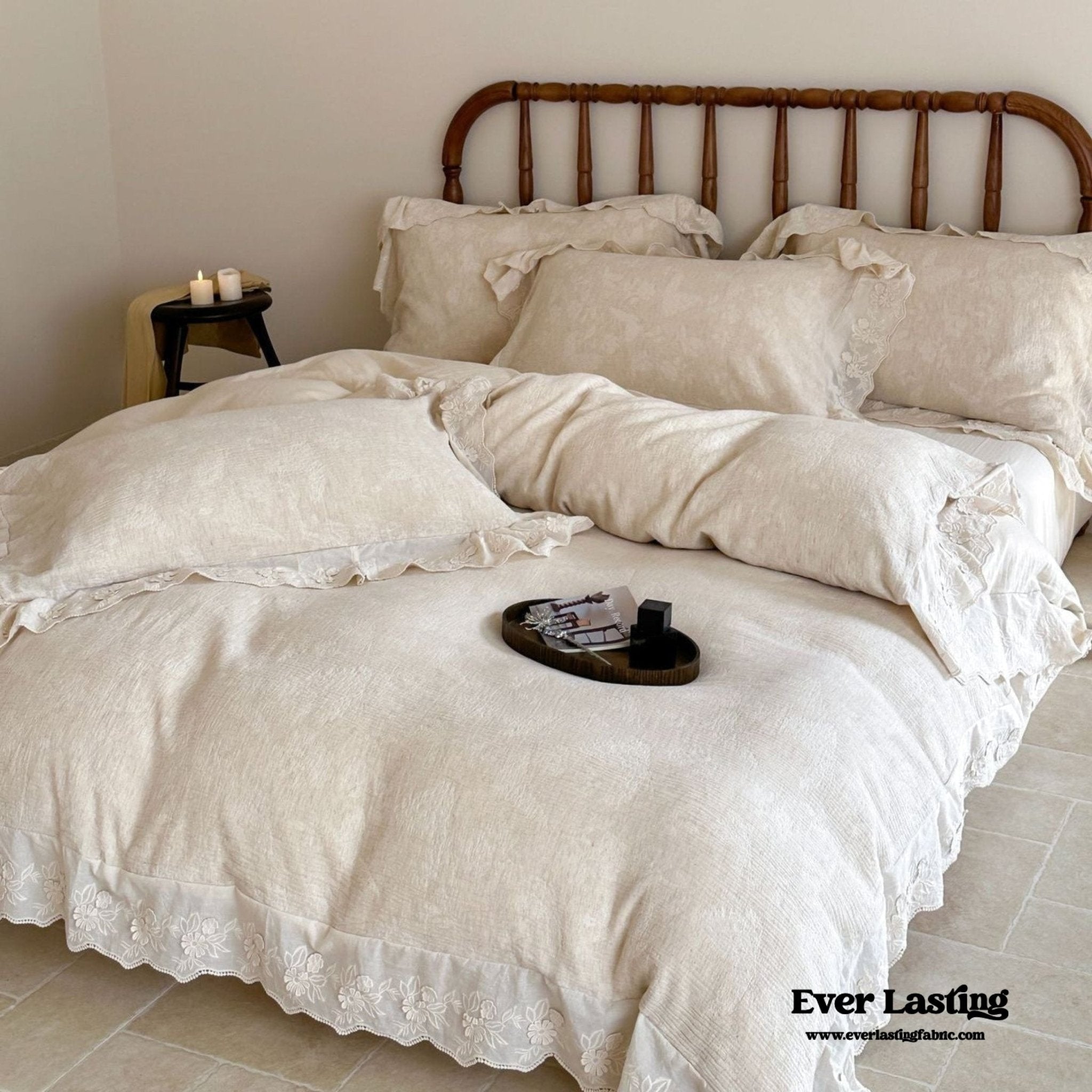 Emmeline Lace Ruffle Floral Bedding Set / White - Ever Lasting