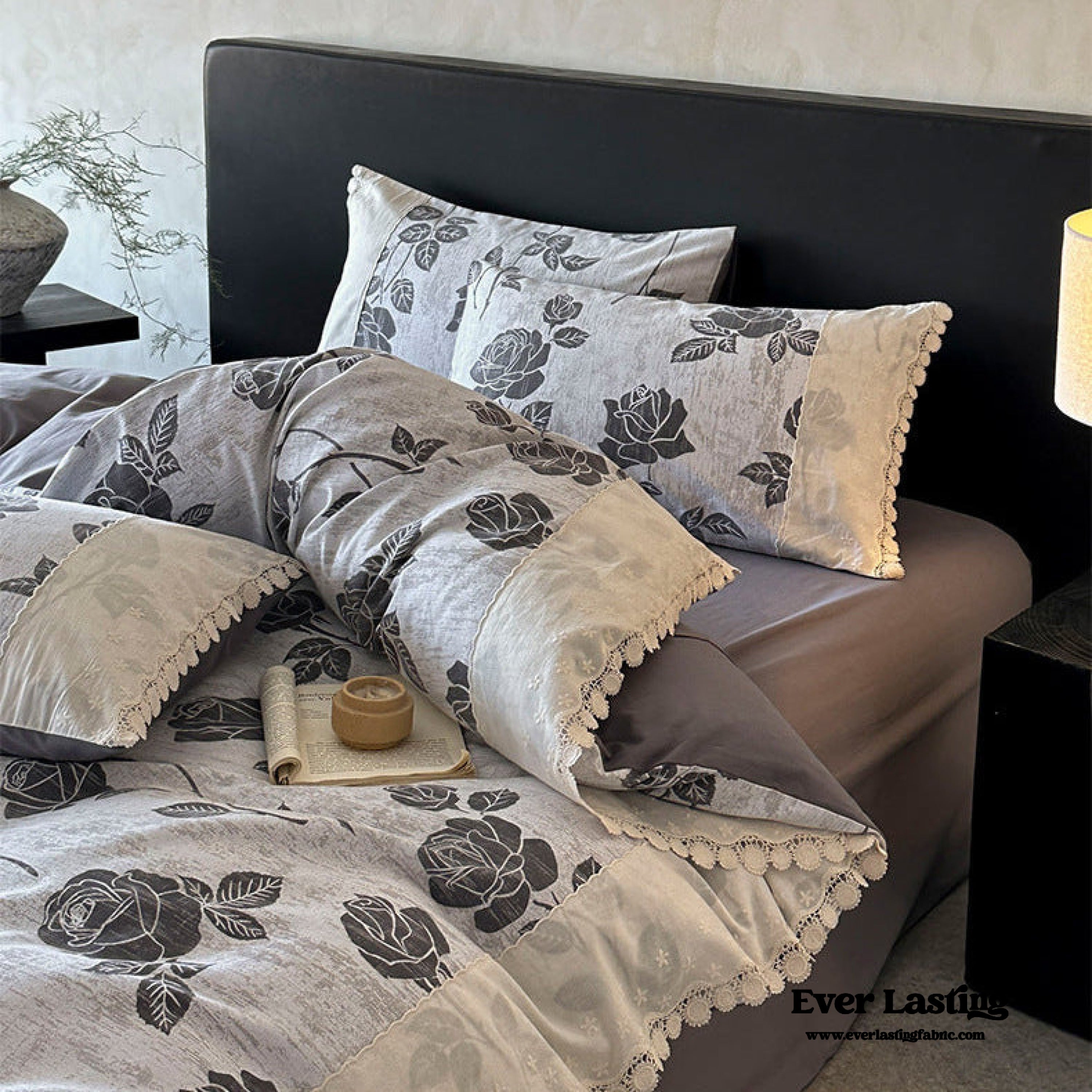 - Ever Lasting - Evie French Floral Lace Bedding Set / Gray + White - Bedding Set - Ever Lasting