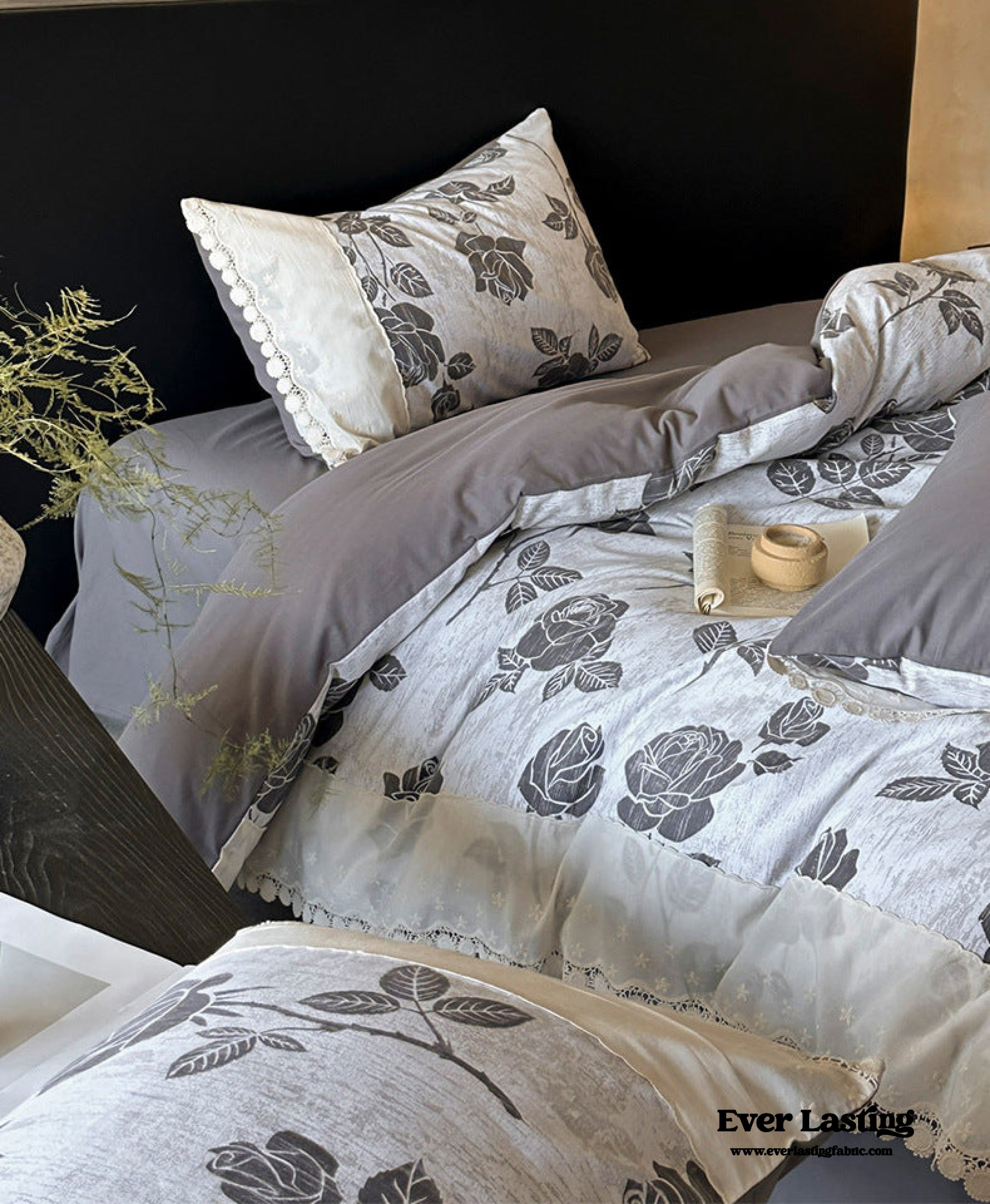 - Ever Lasting - Evie French Floral Lace Bedding Set / Gray + White - Bedding Set - Ever Lasting