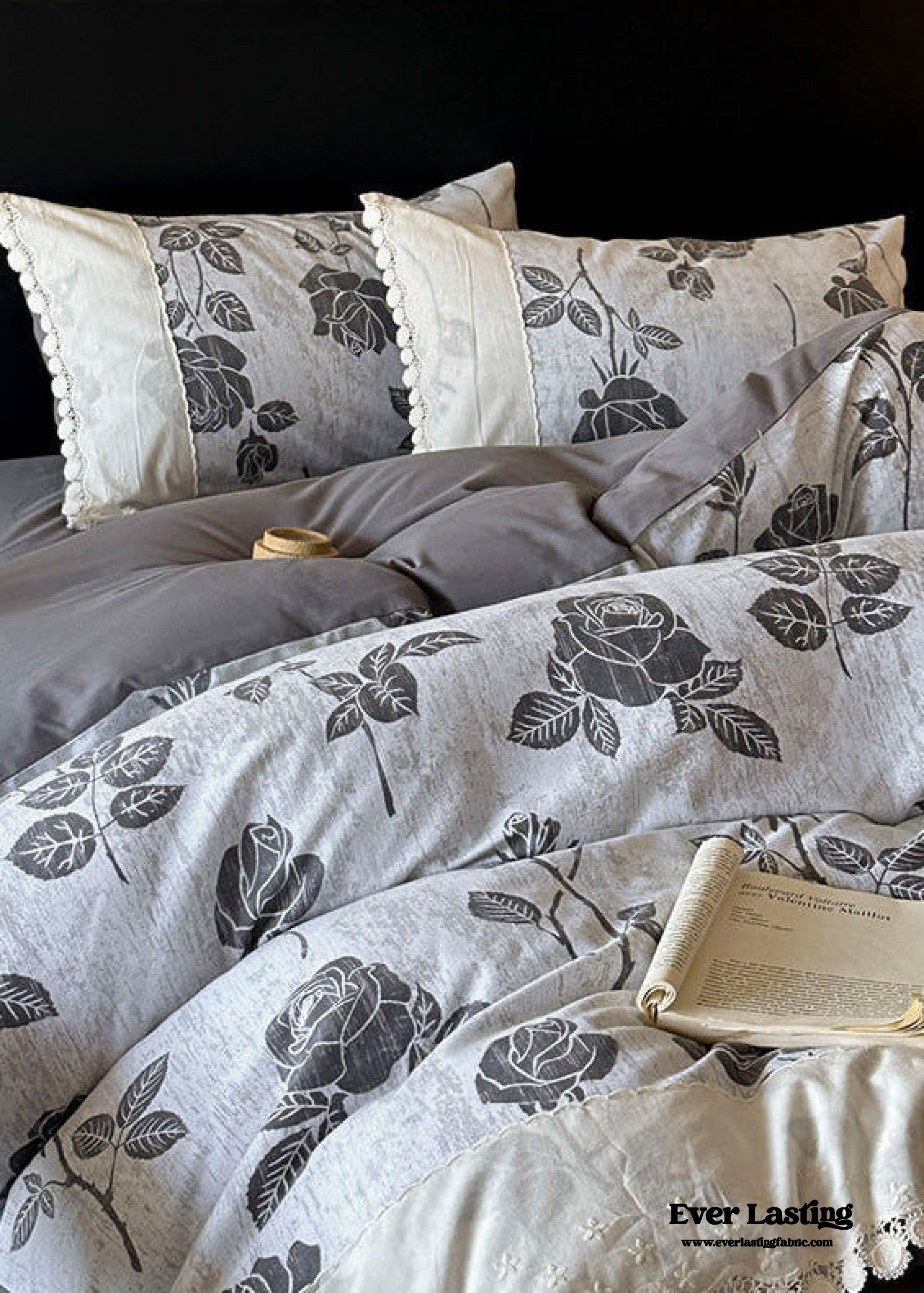 - Ever Lasting - Evie French Floral Lace Bedding Set / Gray + White - Bedding Set - Ever Lasting