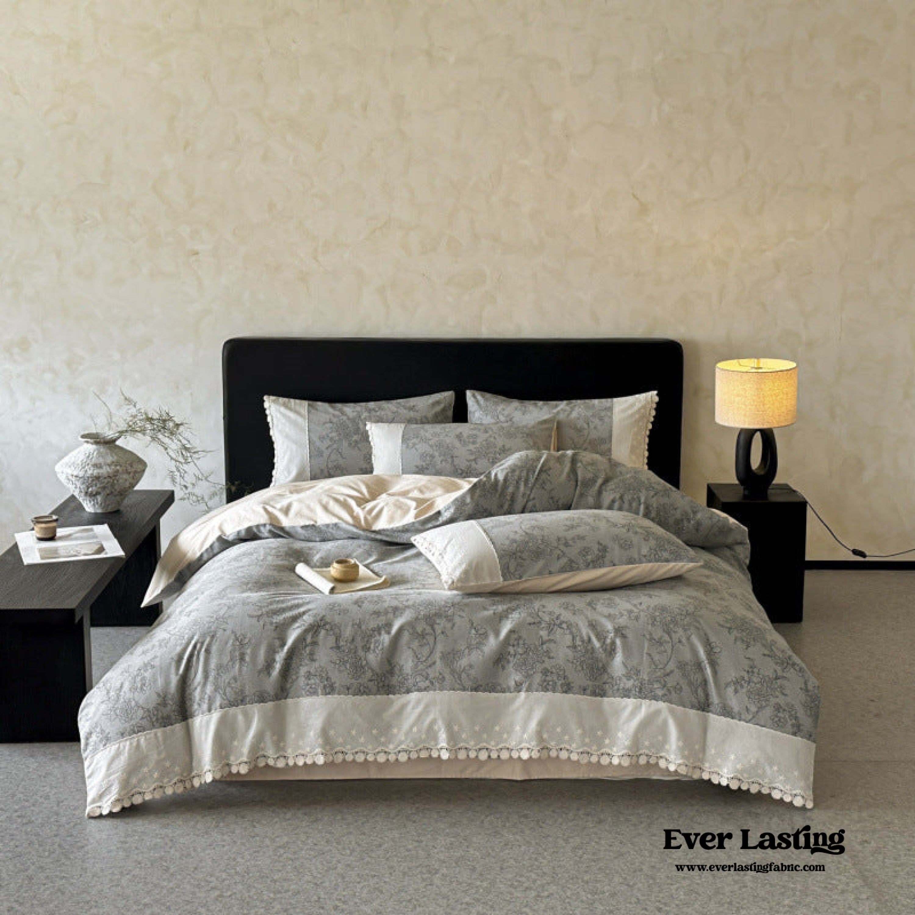 - Ever Lasting - Evie French Floral Lace Bedding Set / Gray + White - Bedding Set - Ever Lasting