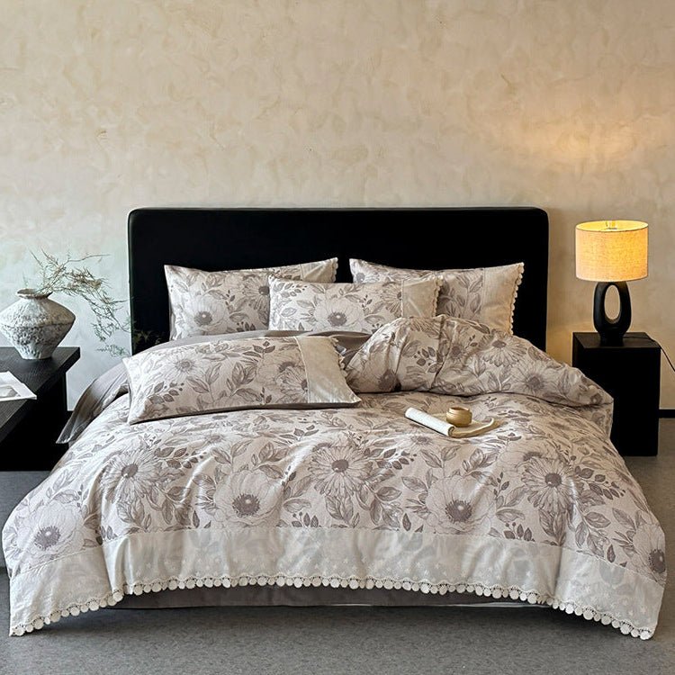 - Ever Lasting - Evie French Floral Lace Bedding Set / Gray + White - Bedding Set - Ever Lasting