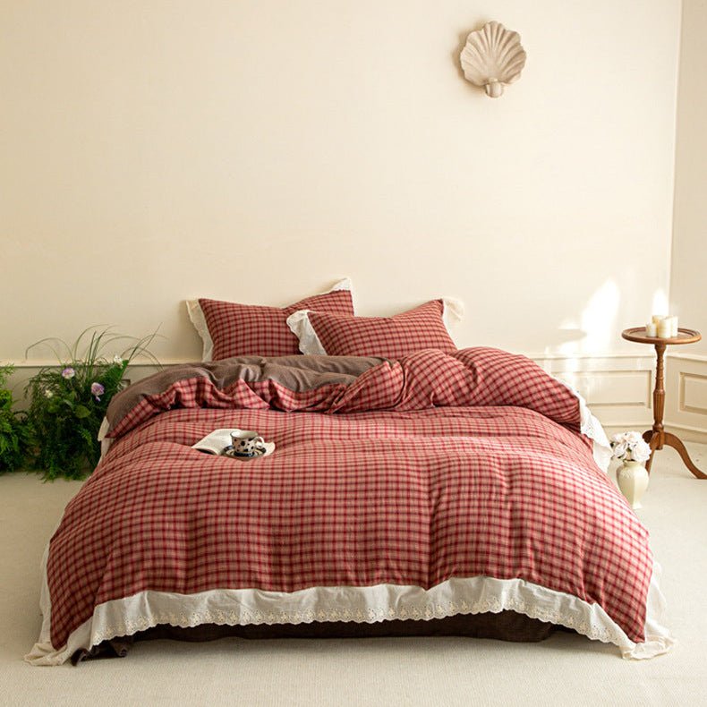 - Ever Lasting - Felicity Gingham Lace Ruffle Bedding Set / Pink - Bedding Set - Ever Lasting