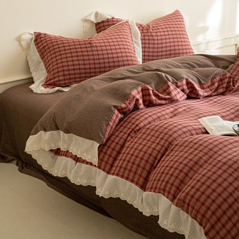 - Ever Lasting - Felicity Gingham Lace Ruffle Bedding Set / Pink - Bedding Set - Ever Lasting