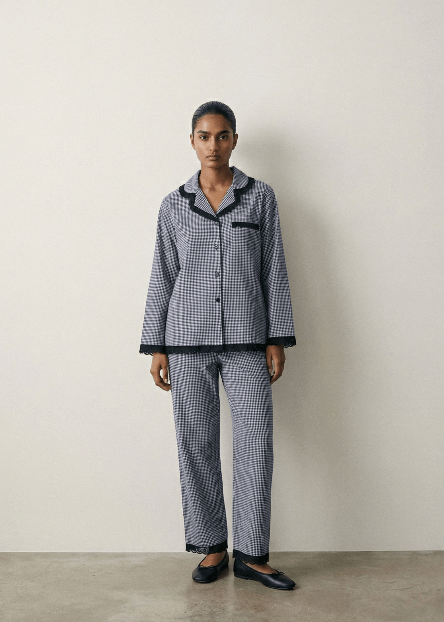 - Ever Lasting - Felicity Lace Gingham Pajama Set / Blue - Pajamas - Ever Lasting