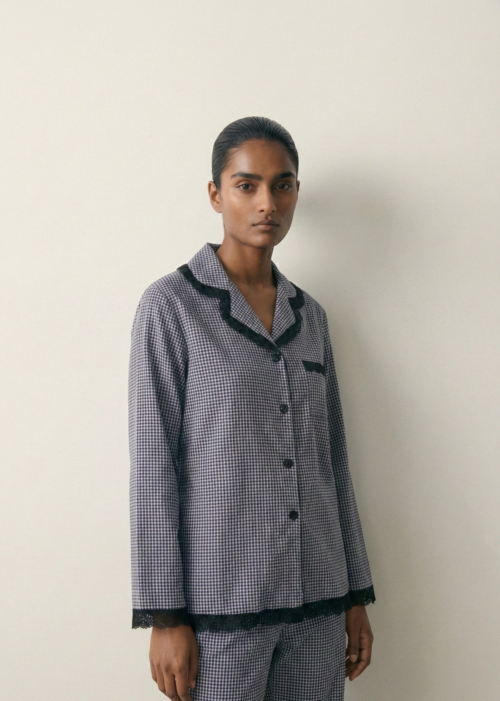 - Ever Lasting - Felicity Lace Gingham Pajama Set / Blue - Pajamas - Ever Lasting