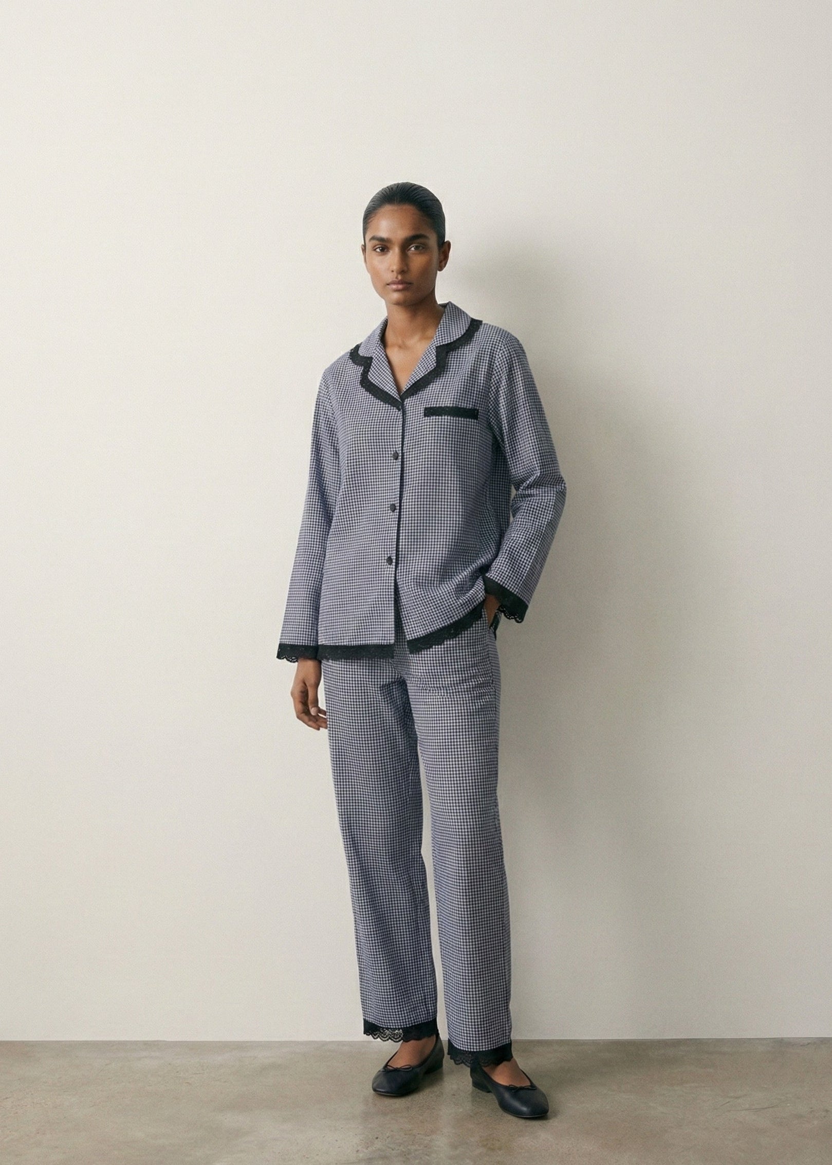 - Ever Lasting - Felicity Lace Gingham Pajama Set / Blue - Pajamas - Ever Lasting
