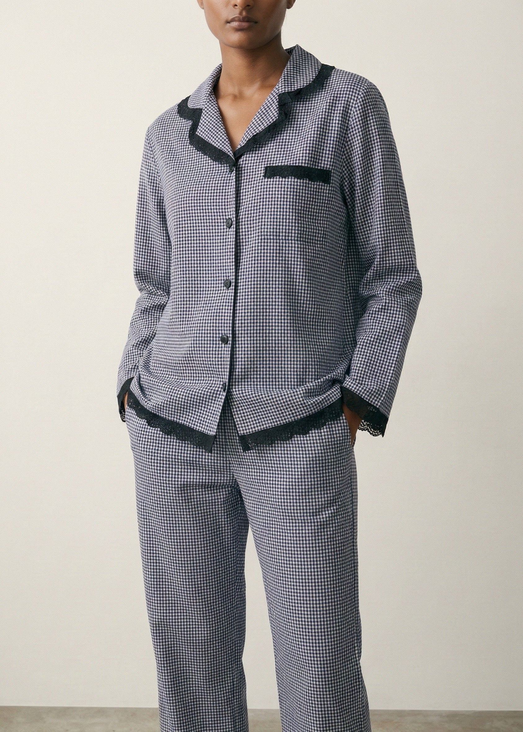 - Ever Lasting - Felicity Lace Gingham Pajama Set / Blue - Pajamas - Ever Lasting