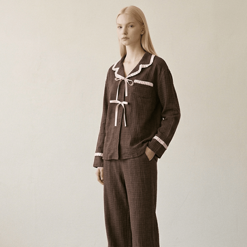 -Ever Lasting - Fiora Gingham Ruffle Lace Pajama Set / Brown -Pajamas -Ever Lasting