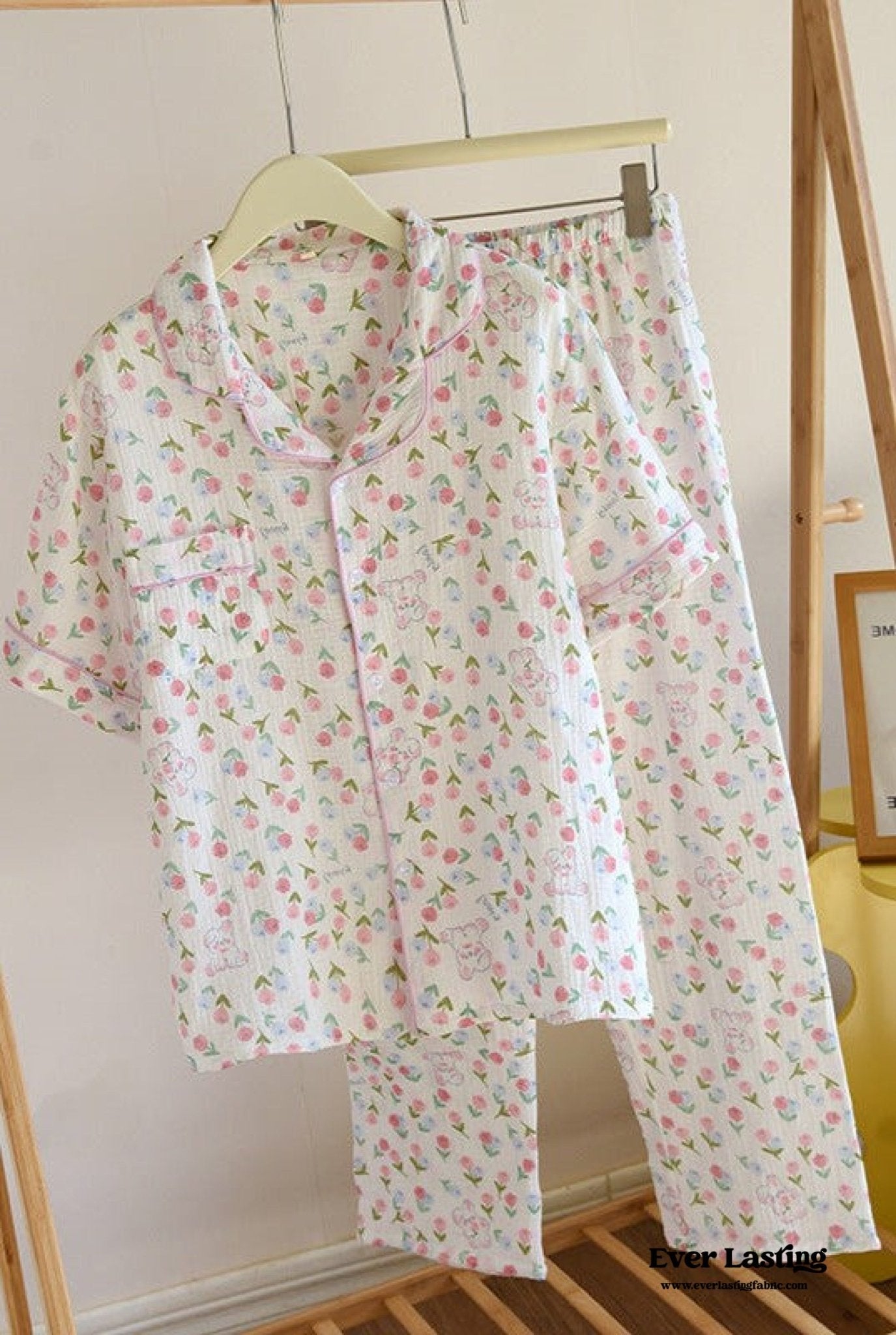 Floral Garden Short Sleeves and Pants Cotton Pajama Set / Beige - Ever Lasting