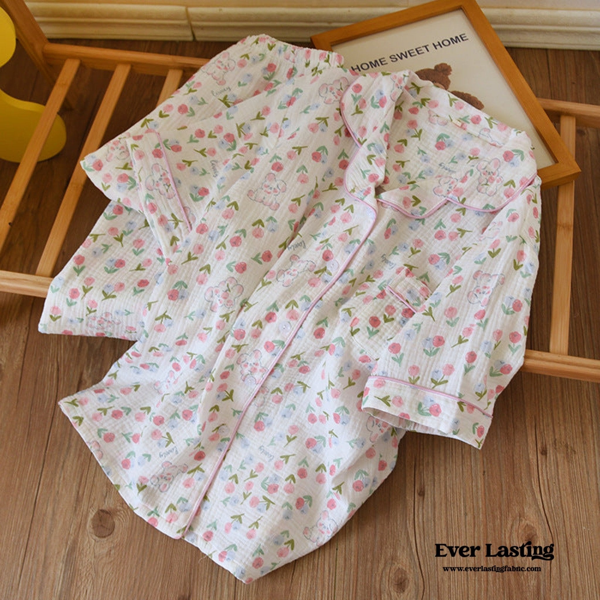 Floral Garden Short Sleeves and Pants Cotton Pajama Set / Beige - Ever Lasting