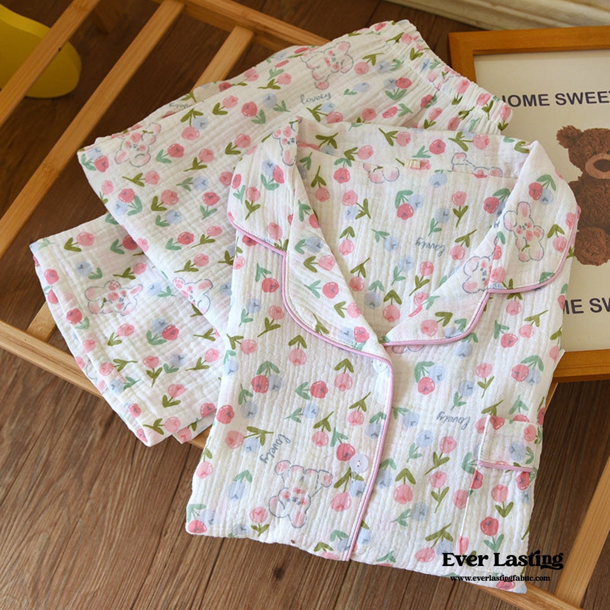 Floral Garden Short Sleeves and Pants Cotton Pajama Set / Beige - Ever Lasting