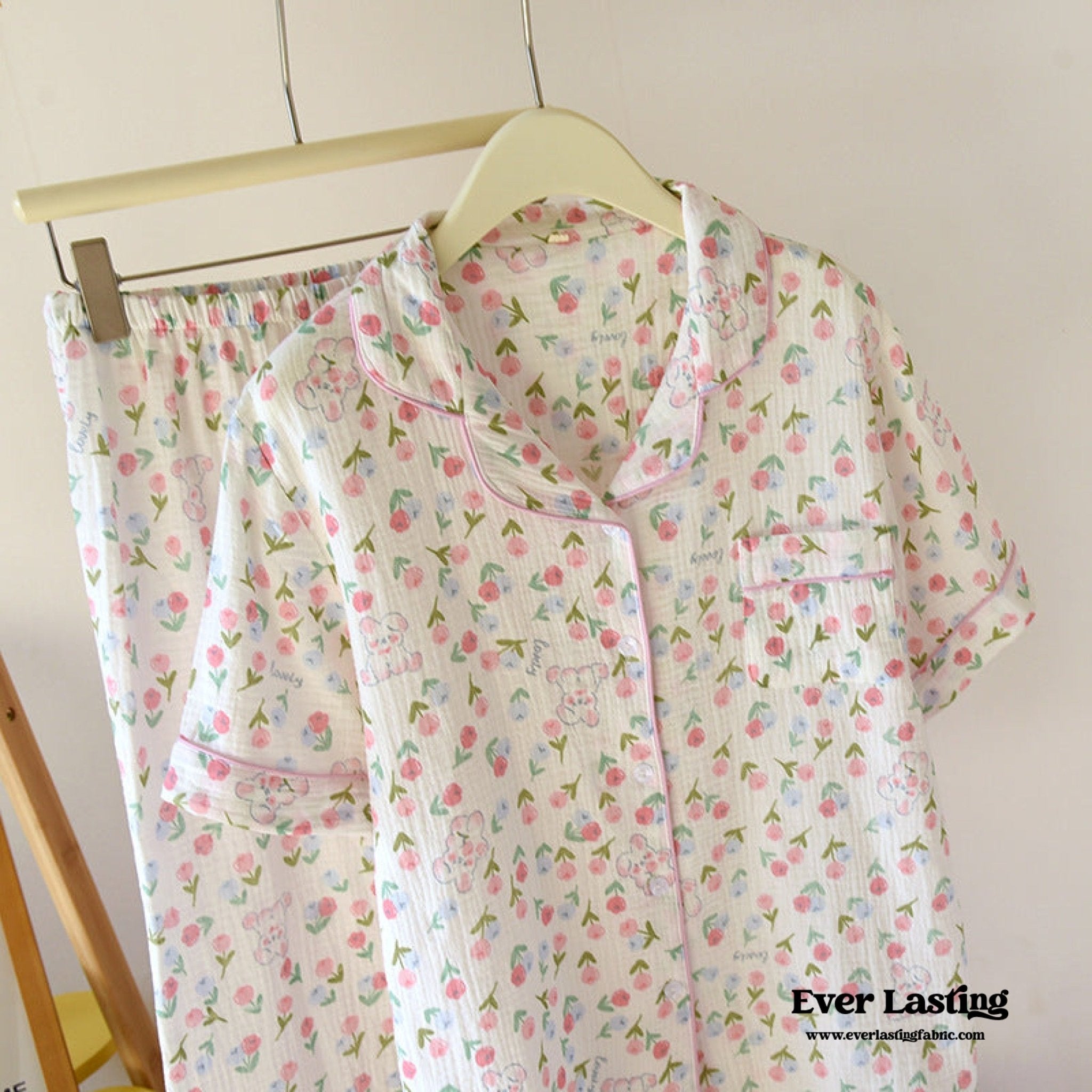 Floral Garden Short Sleeves and Pants Cotton Pajama Set / White - Ever Lasting
