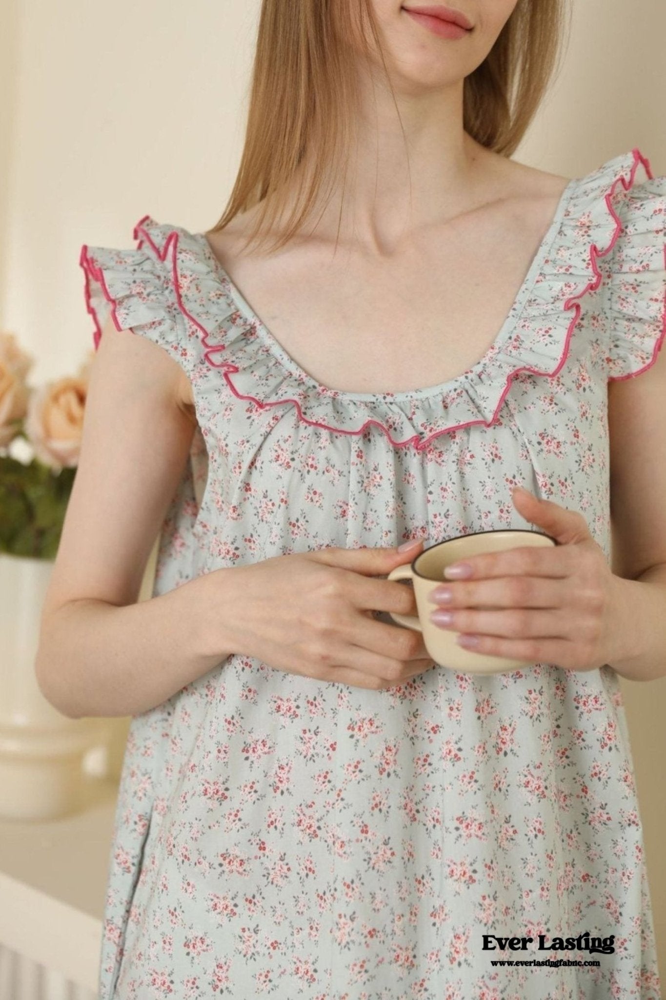 Floral Ruffle Lounge Pajamas Nightgown Dress / Beige - Ever Lasting