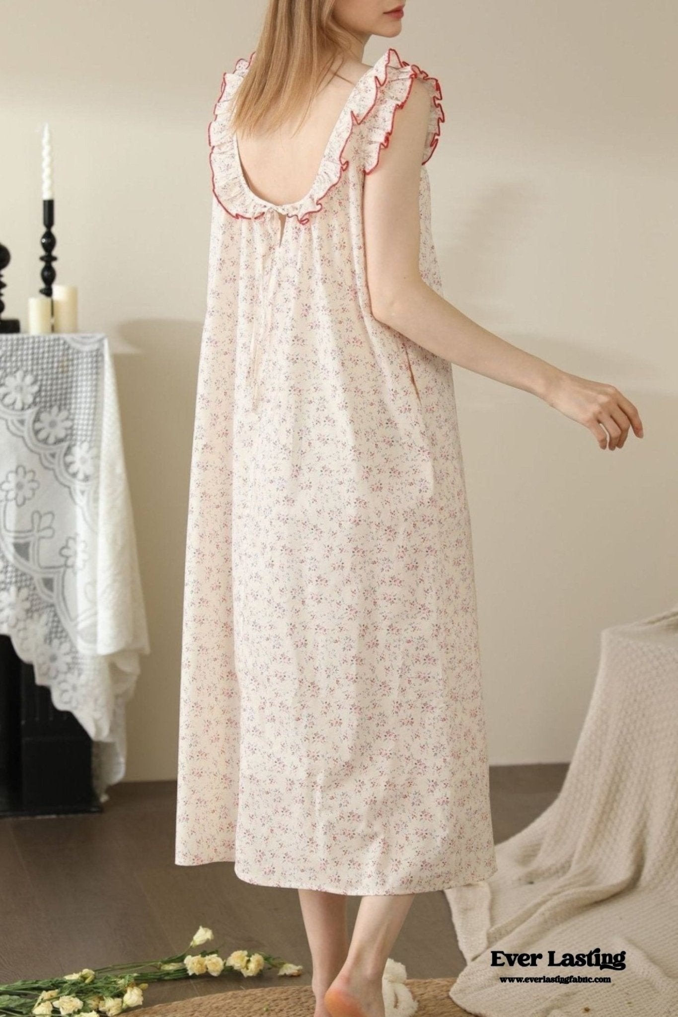 Floral Ruffle Lounge Pajamas Nightgown Dress / Beige - Ever Lasting