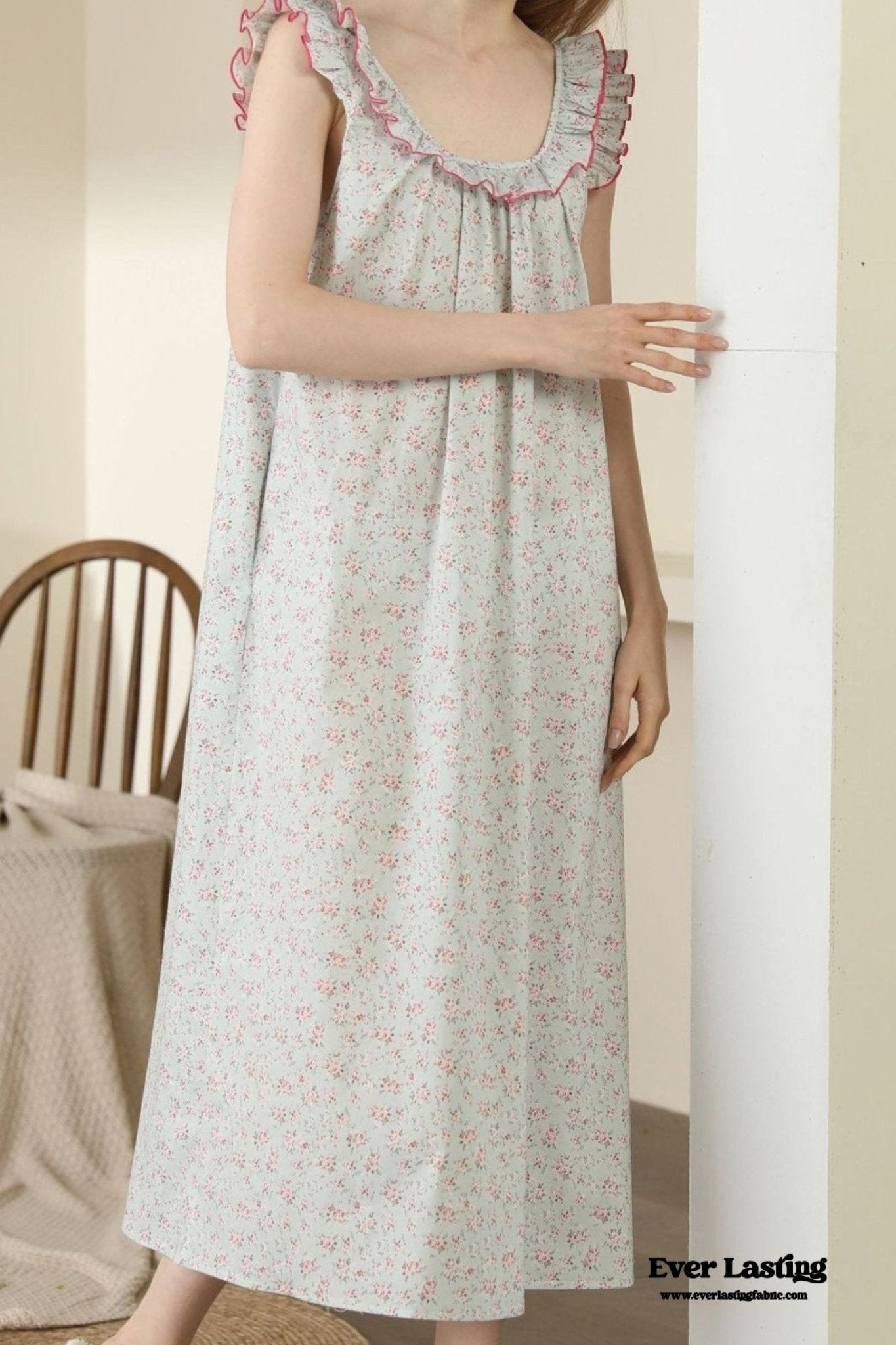 Floral Ruffle Lounge Pajamas Nightgown Dress / Beige - Ever Lasting