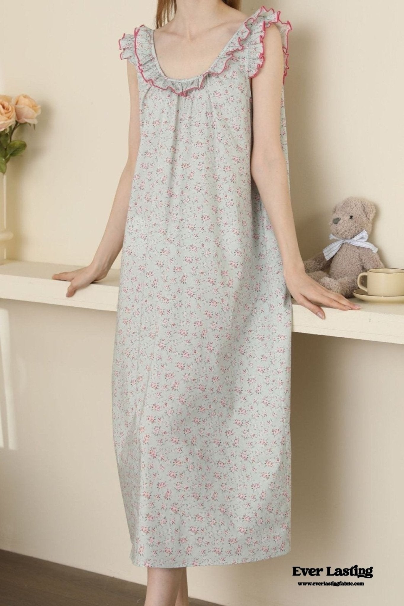 Floral Ruffle Lounge Pajamas Nightgown Dress / Beige - Ever Lasting