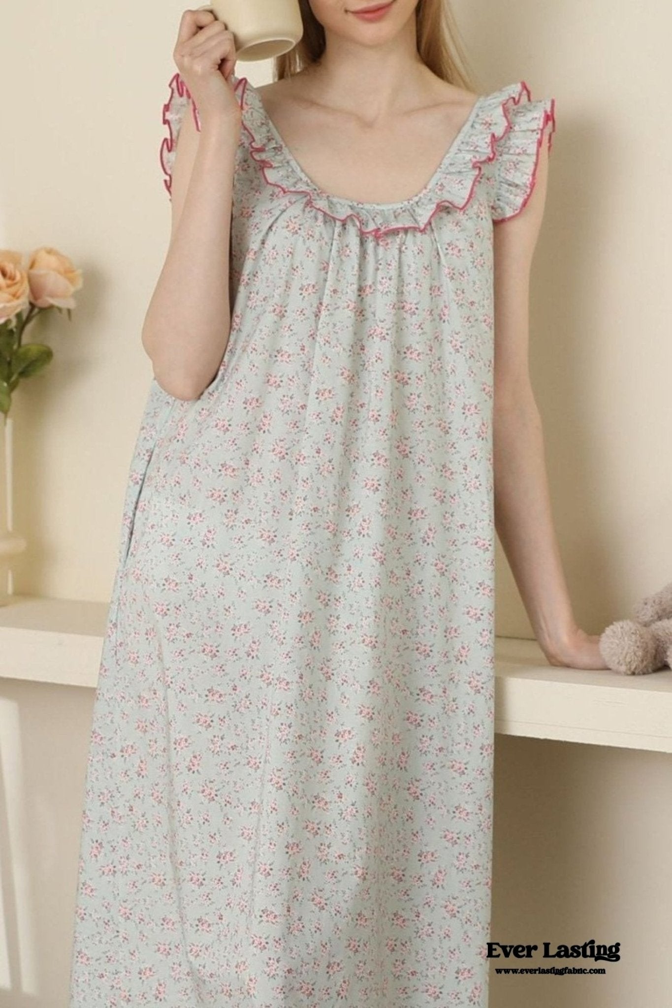 Floral Ruffle Lounge Pajamas Nightgown Dress / Beige - Ever Lasting