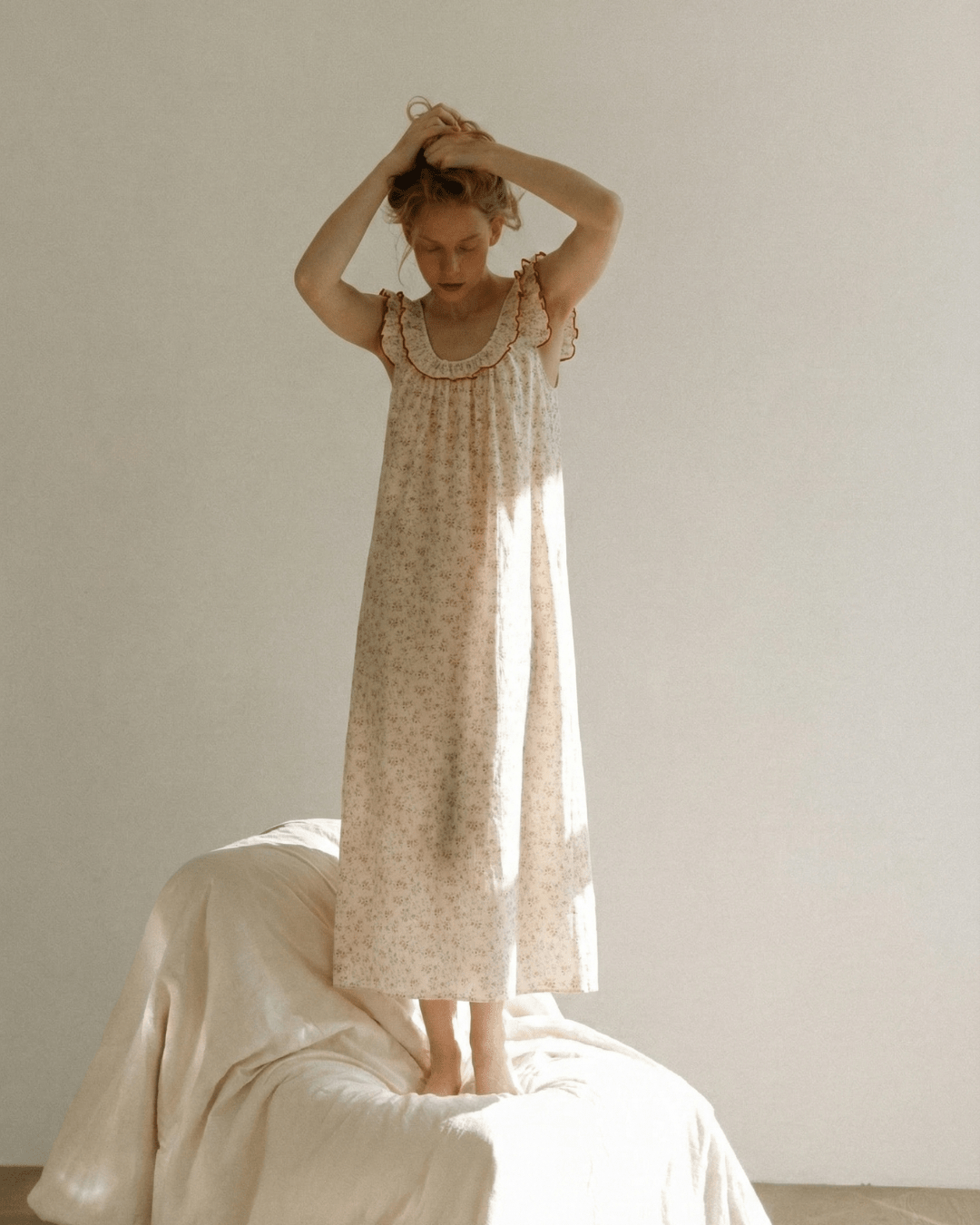 - Ever Lasting - Floral Ruffle Lounge Pajamas Nightgown Dress / Beige - Pajamas - Ever Lasting