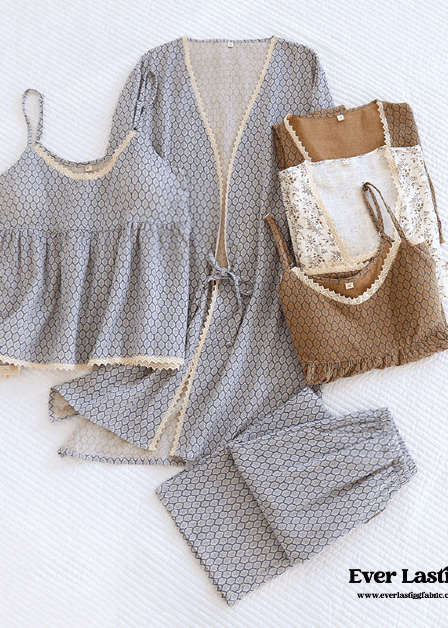 - Ever Lasting - Floral V Tank and Long Pants with Cardigan Cotton Pajama Set / Blue - Pajamas - Ever Lasting