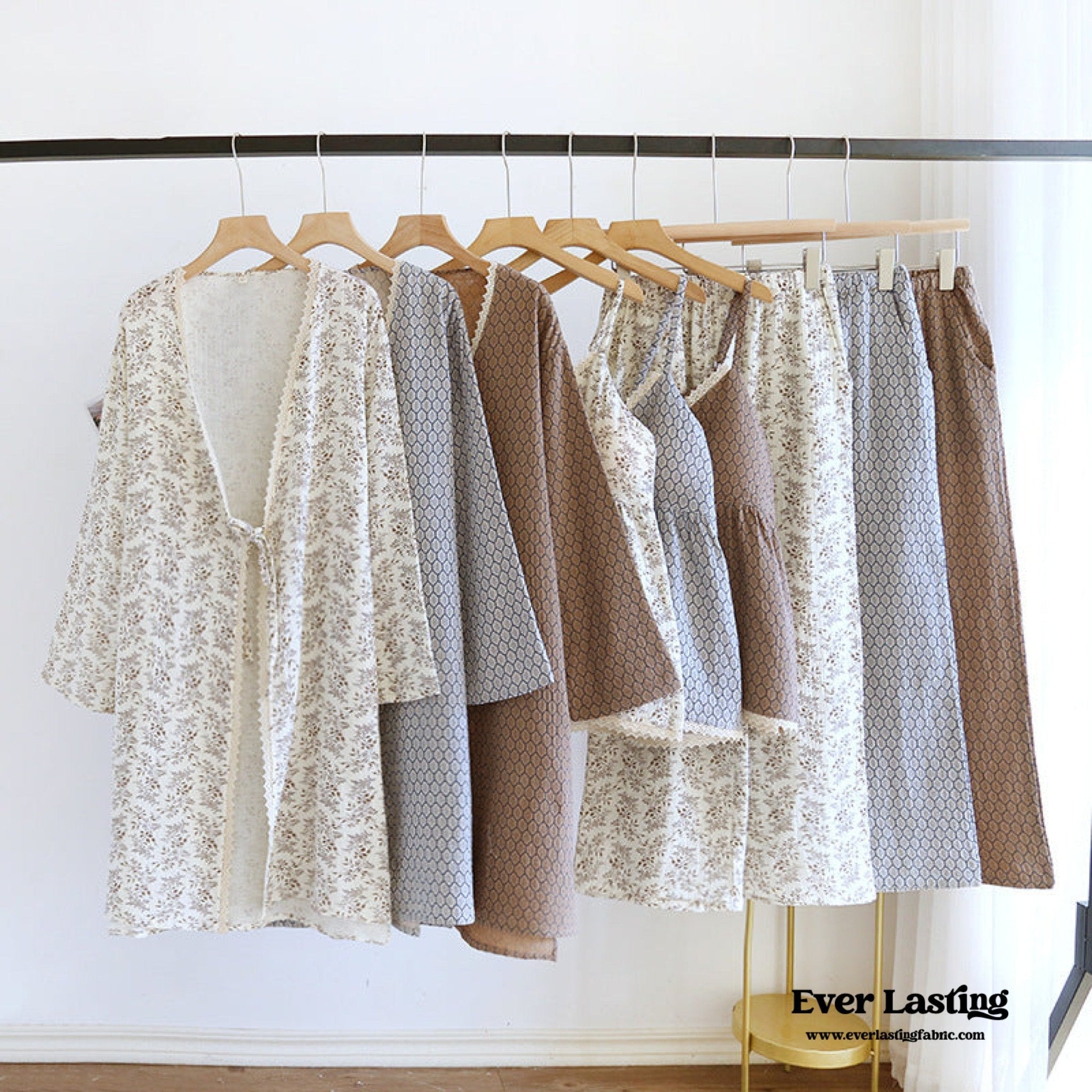 - Ever Lasting - Floral V Tank and Long Pants with Cardigan Cotton Pajama Set / Blue - Pajamas - Ever Lasting