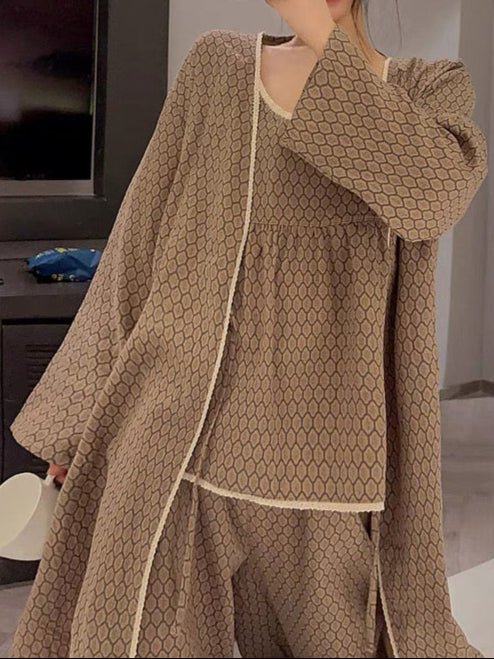 Floral V Tank and Long Pants with Cardigan Cotton Pajama Set / Brown - Ever Lasting