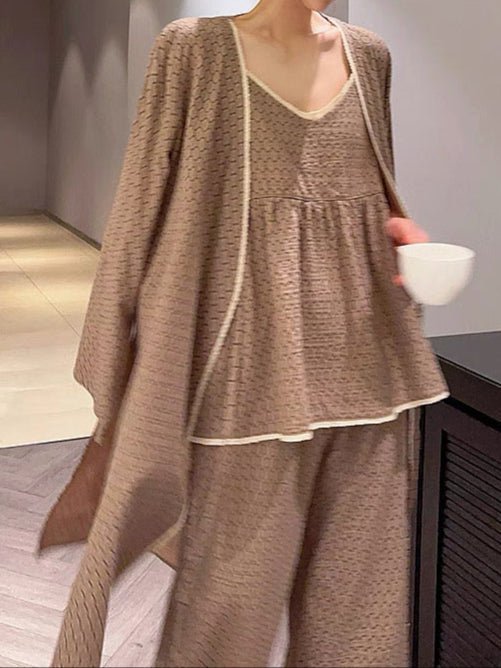 Floral V Tank and Long Pants with Cardigan Cotton Pajama Set / Brown - Ever Lasting