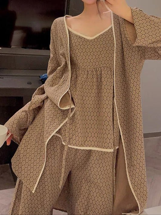 Floral V Tank and Long Pants with Cardigan Cotton Pajama Set / Brown - Ever Lasting