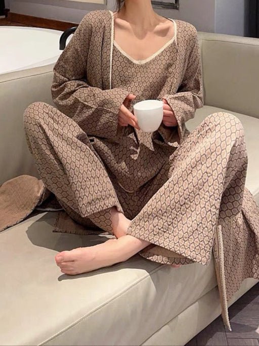 Floral V Tank and Long Pants with Cardigan Cotton Pajama Set / Brown - Ever Lasting