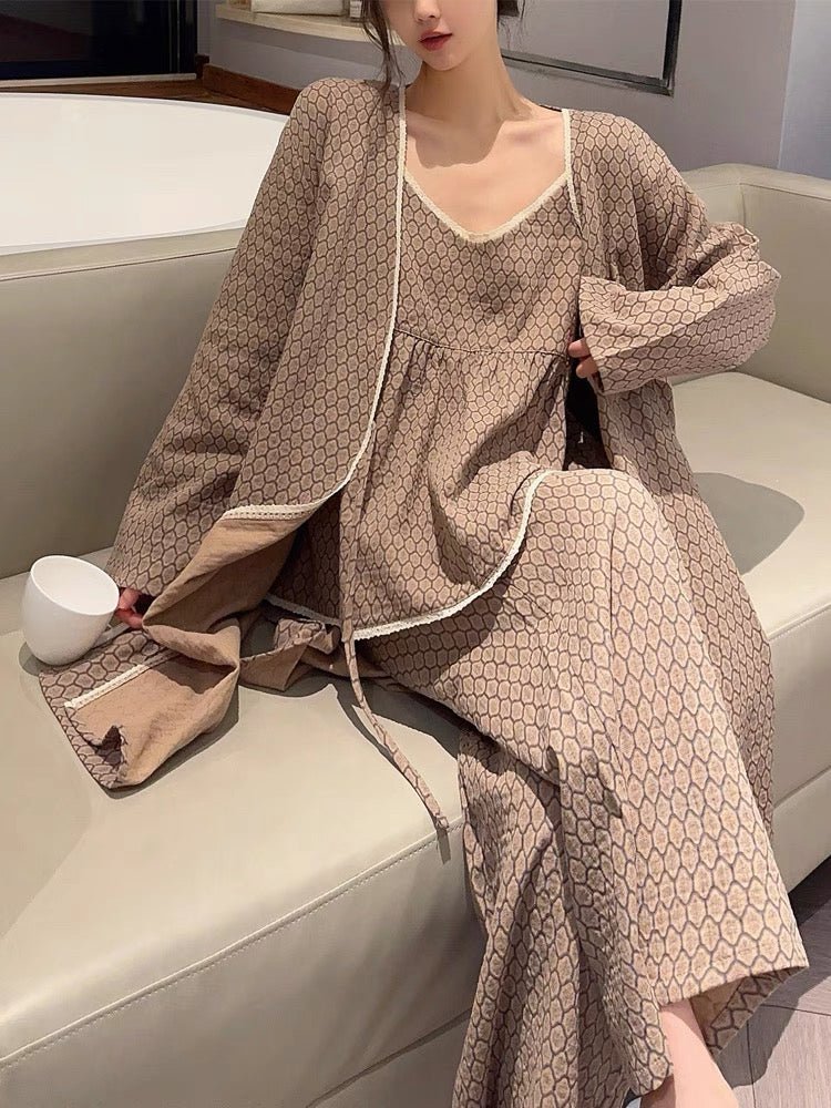 Floral V Tank and Long Pants with Cardigan Cotton Pajama Set / Brown - Ever Lasting