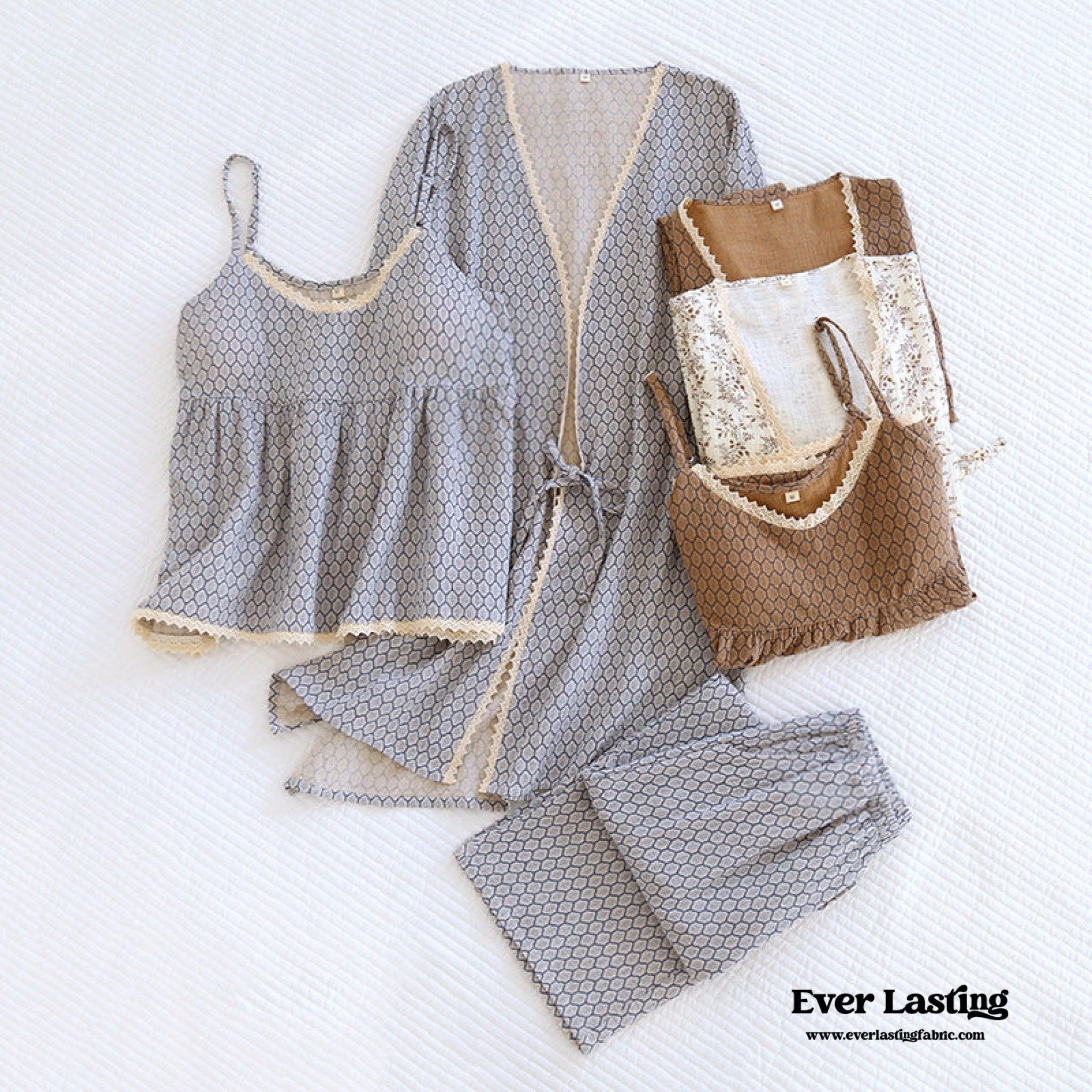 Floral V Tank and Long Pants with Cardigan Cotton Pajama Set / White - Ever Lasting