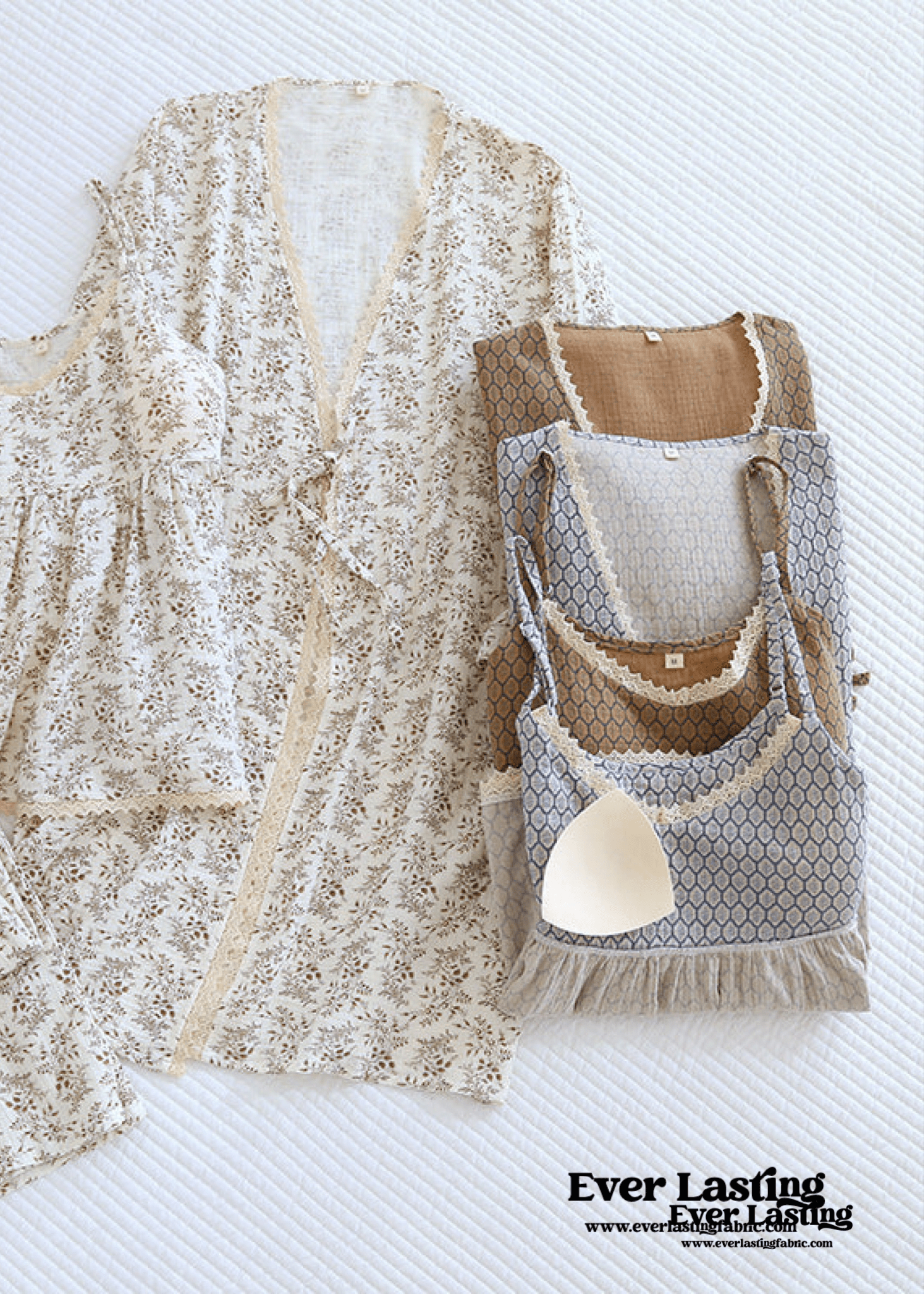 Floral V Tank and Long Pants with Cardigan Cotton Pajama Set / White - Ever Lasting