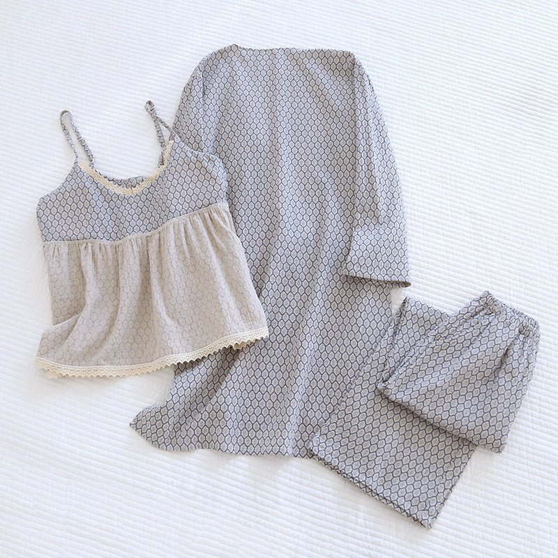 - Ever Lasting - Floral V Tank and Long Pants with Cardigan Cotton Pajama Set / White - Pajamas - Ever Lasting