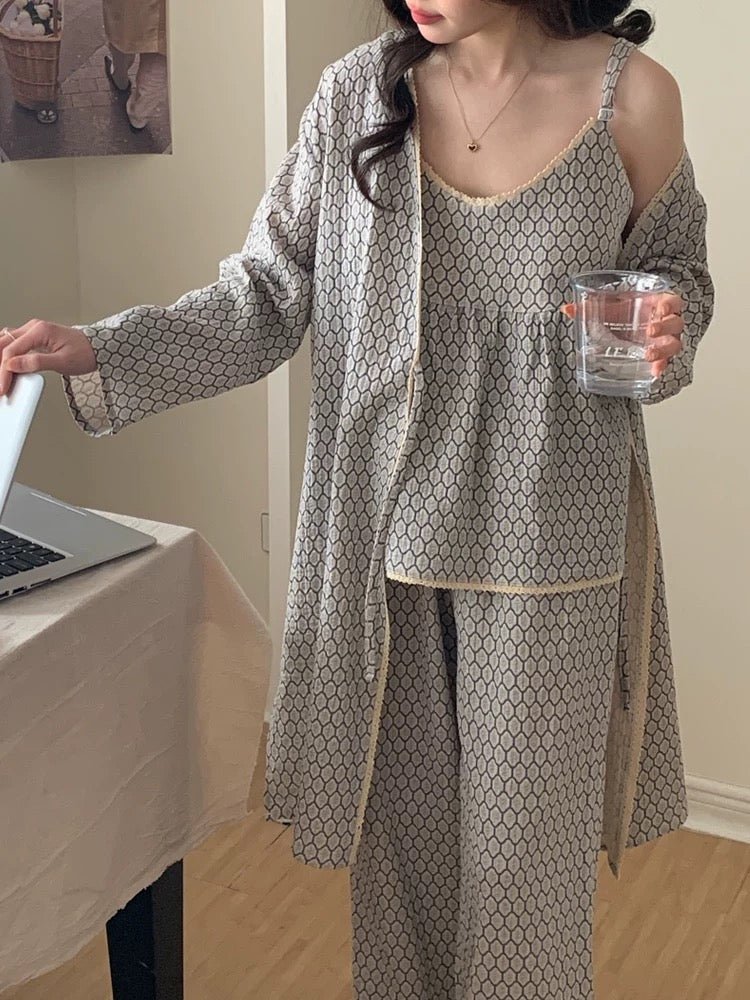 - Ever Lasting - Floral V Tank and Long Pants with Cardigan Cotton Pajama Set / White - Pajamas - Ever Lasting