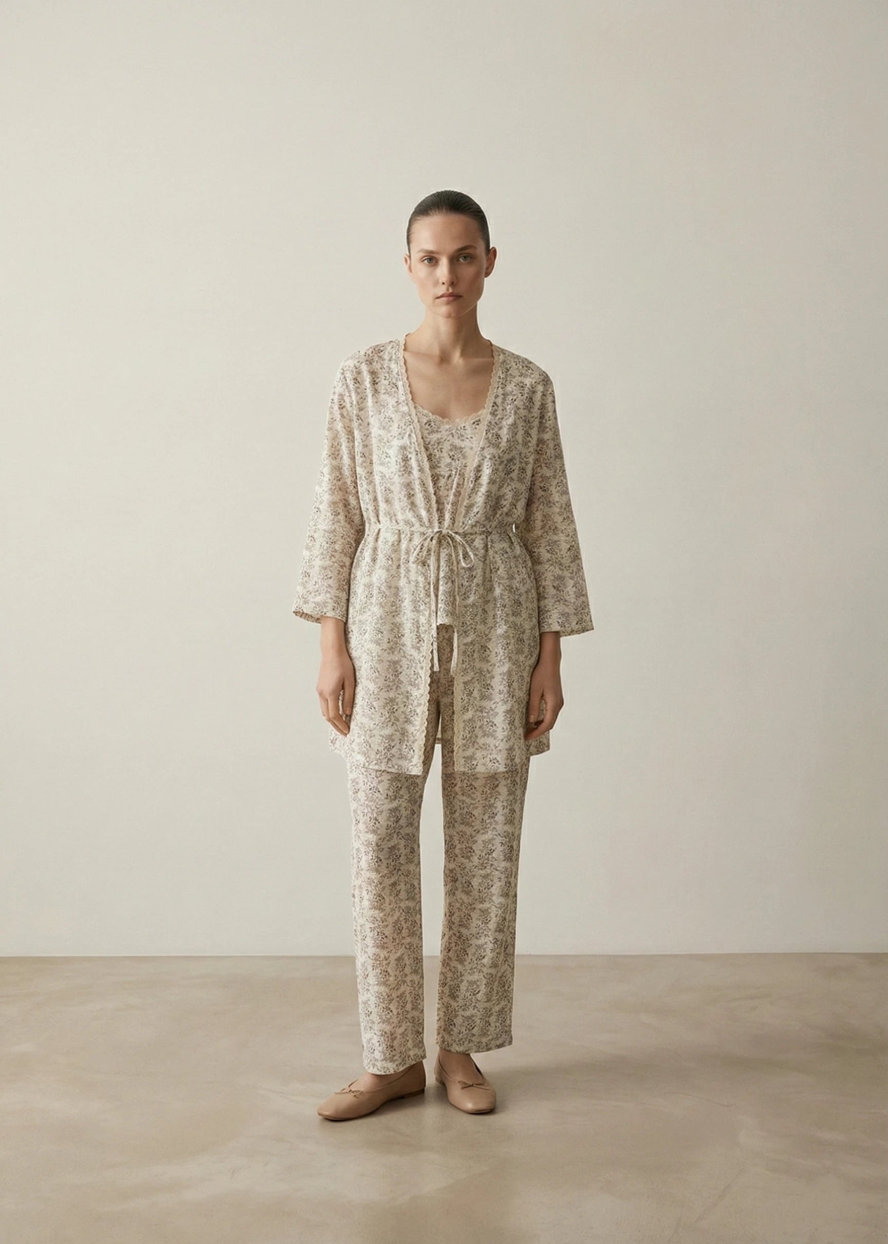 - Ever Lasting - Floral V Tank and Long Pants with Cardigan Cotton Pajama Set / White - Pajamas - Ever Lasting