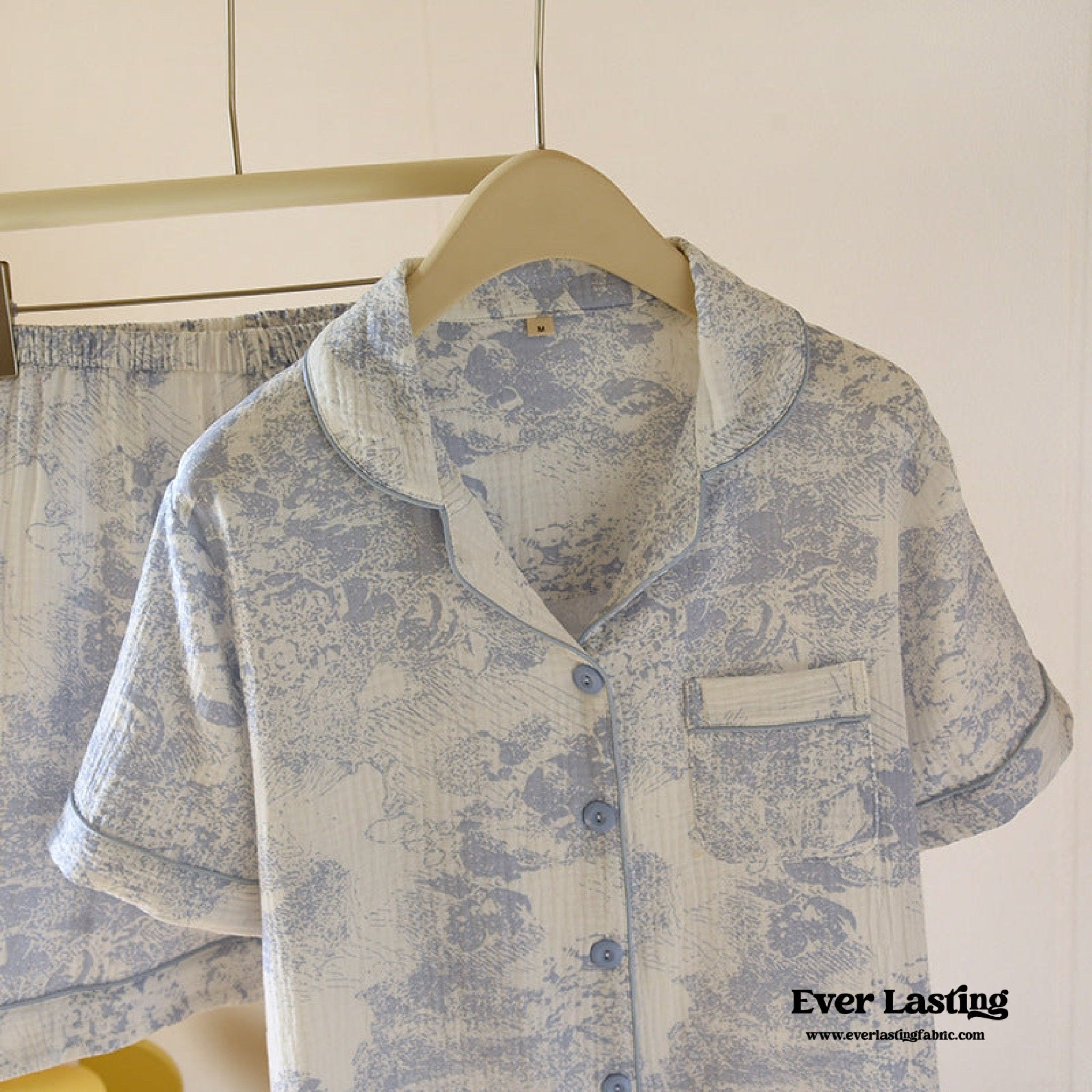 French Cottage Short Sleeves and Shorts Cotton Pajama Set / Blue - Ever Lasting