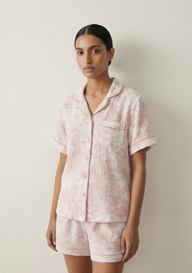 - Ever Lasting - French Cottage Short Sleeves and Shorts Cotton Pajama Set / Pink - Pajamas - Ever Lasting