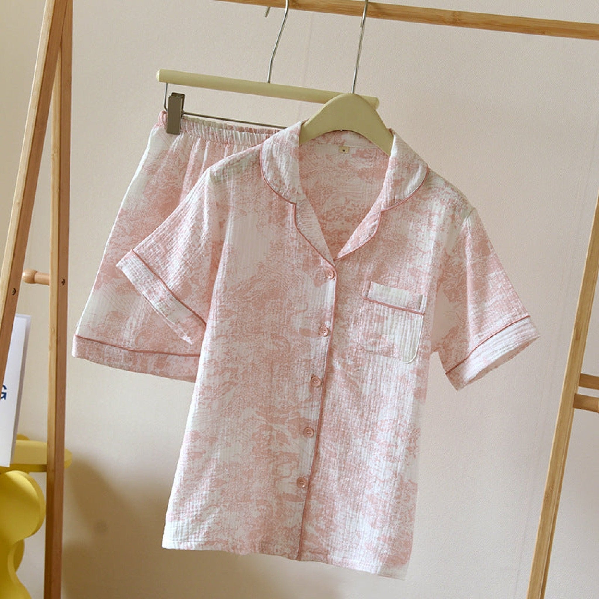 - Ever Lasting - French Cottage Short Sleeves and Shorts Cotton Pajama Set / Pink - Pajamas - Ever Lasting
