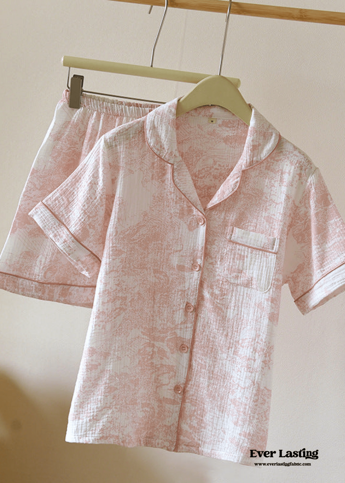 - Ever Lasting - French Cottage Short Sleeves and Shorts Cotton Pajama Set / Pink - Pajamas - Ever Lasting